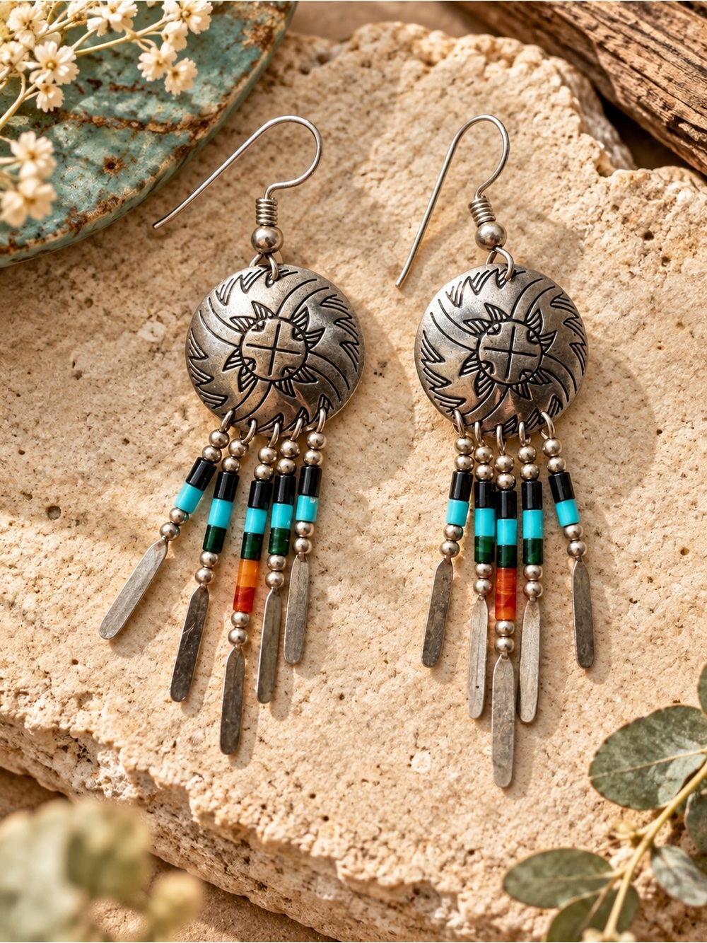 Vintage T.K. Emerson Navajo Sterling Silver Sunface Beaded Fringe Earrings
